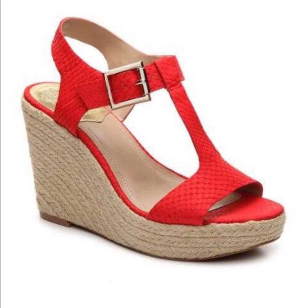 Vince Camuto Tinsell Leather Coral Orange Red Wedge Espadrilles 9